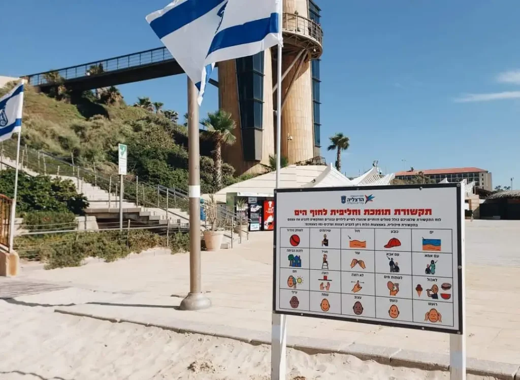 תמונה מהחוף השווה בהרצליה, של שלט ההנגשות בחוף