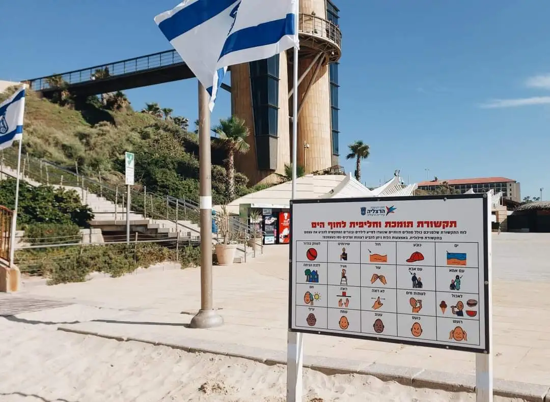 תמונה מהחוף השווה בהרצליה, של שלט ההנגשות בחוף