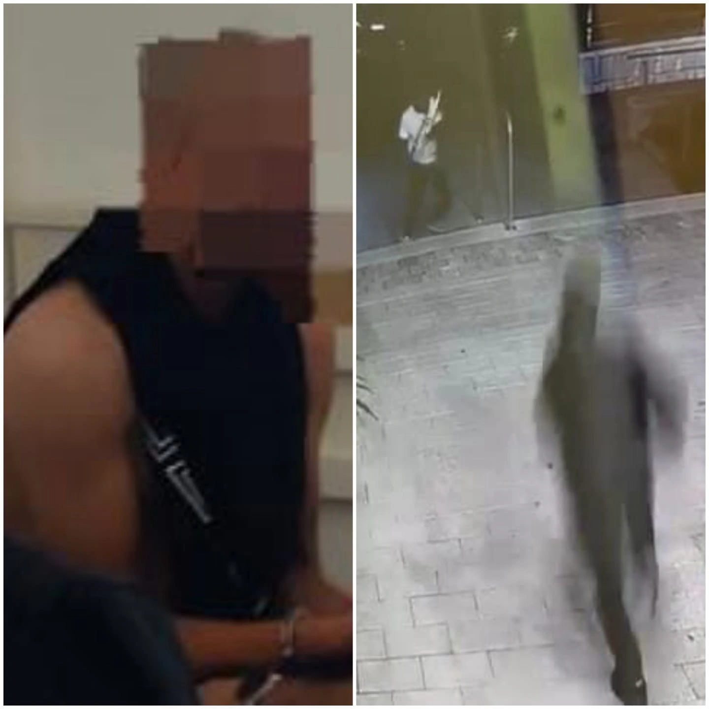 מצד ימין בזמן התקיפה, בצד שמאל אחר החשודים באזיקים