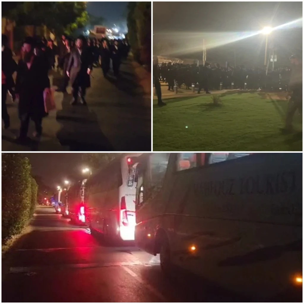 מקבץ תמונות של המפגינים והאוטובוסים