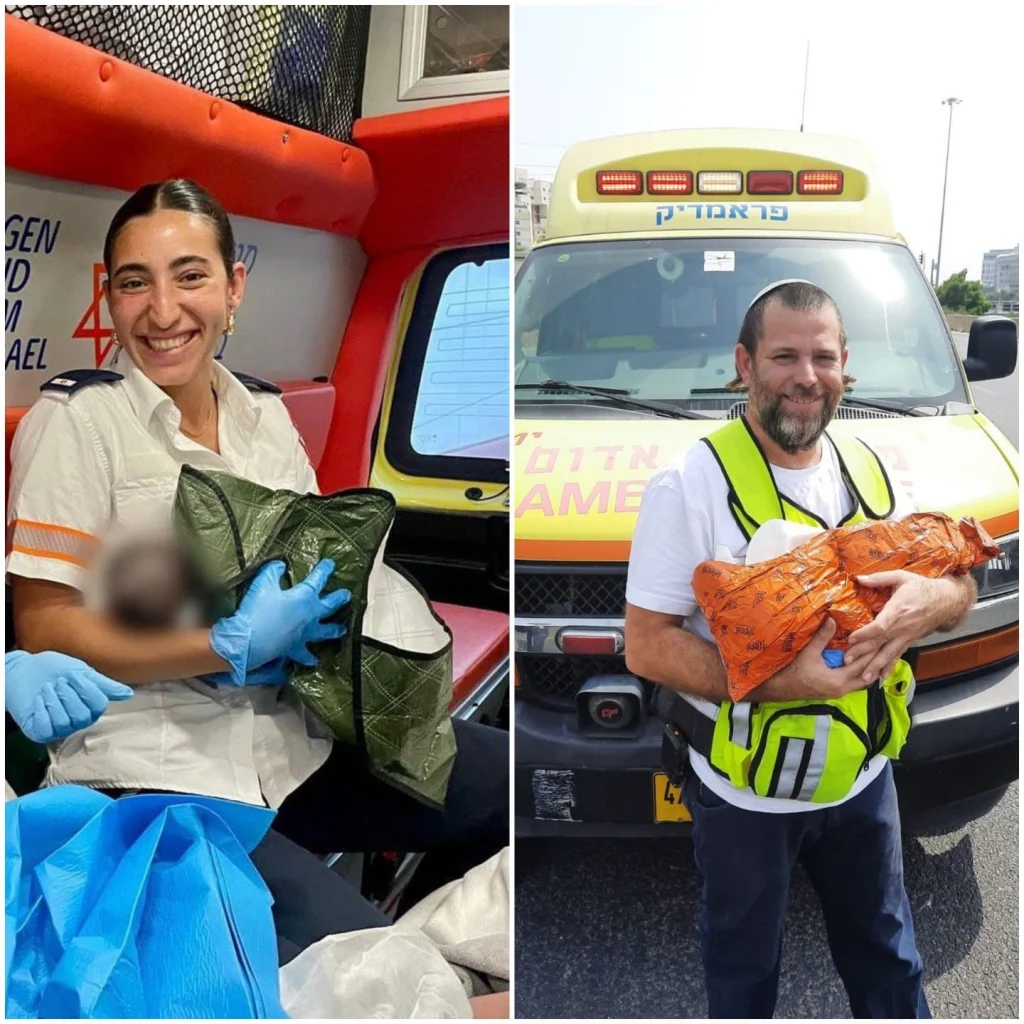 תמונה של פרמדיקים עם תינוקות שנולדו בדרך לבית החולים