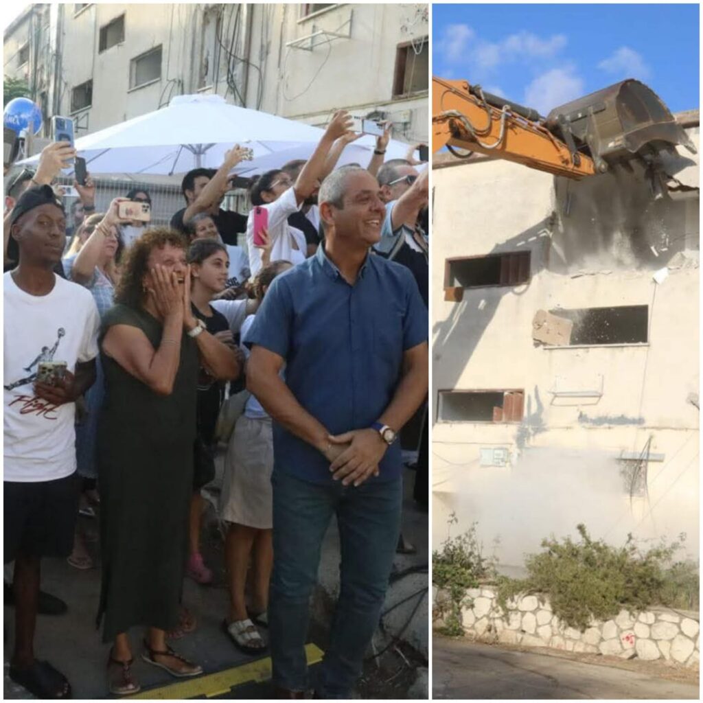 צילום מפוצל של הריסת המבנה ושל ניר בן חיים עם תושבים צופים בהריסה