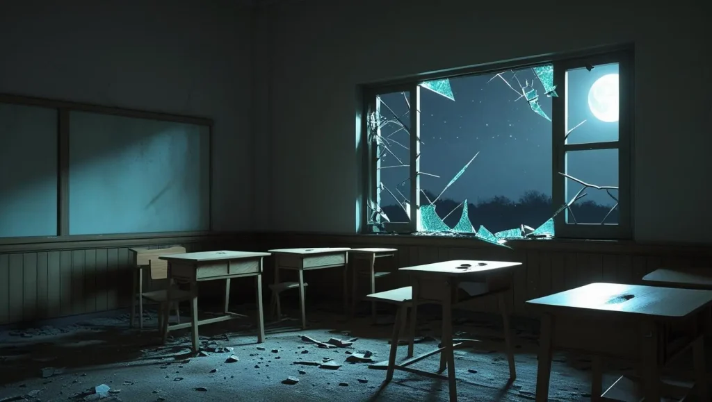 אילוסטרציה, כיתה פרוצה עם חלון שבור, בבית ספר