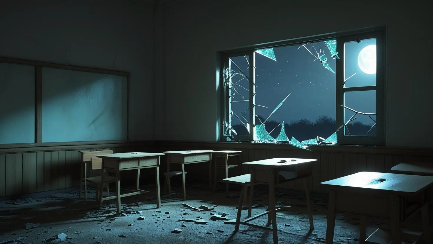 אילוסטרציה, כיתה פרוצה עם חלון שבור, בבית ספר