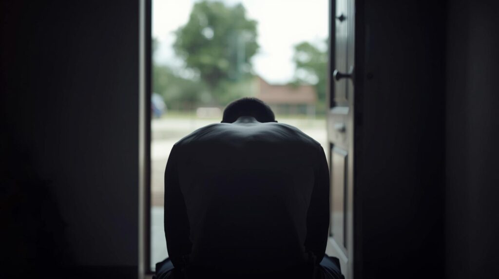 אילוסטרציה גבר עם ראש שפוף מול דלת פתוחה