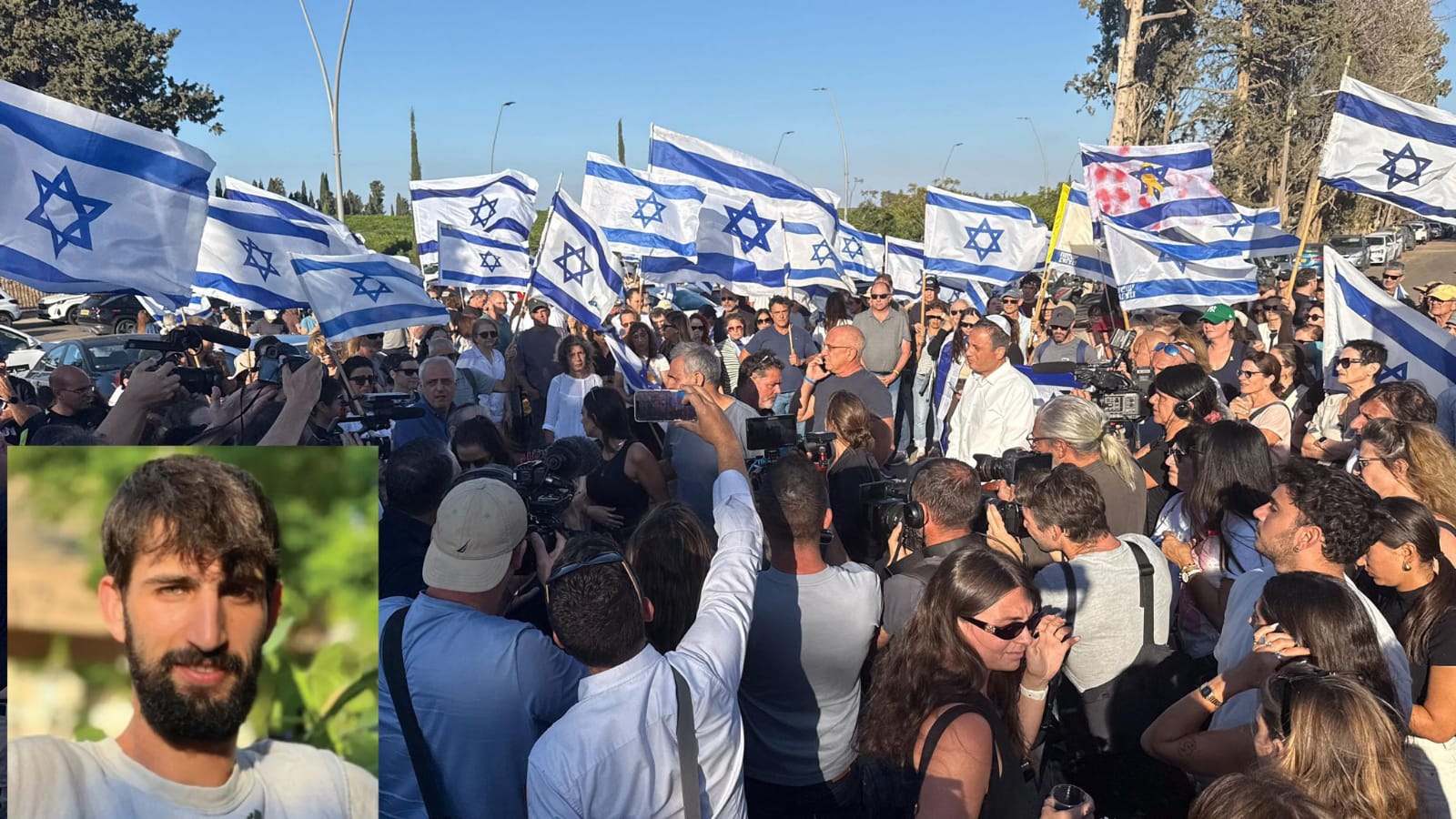 תמונה משולבת של ההמונים בהלוויה ותמונתו של גיא אילוז