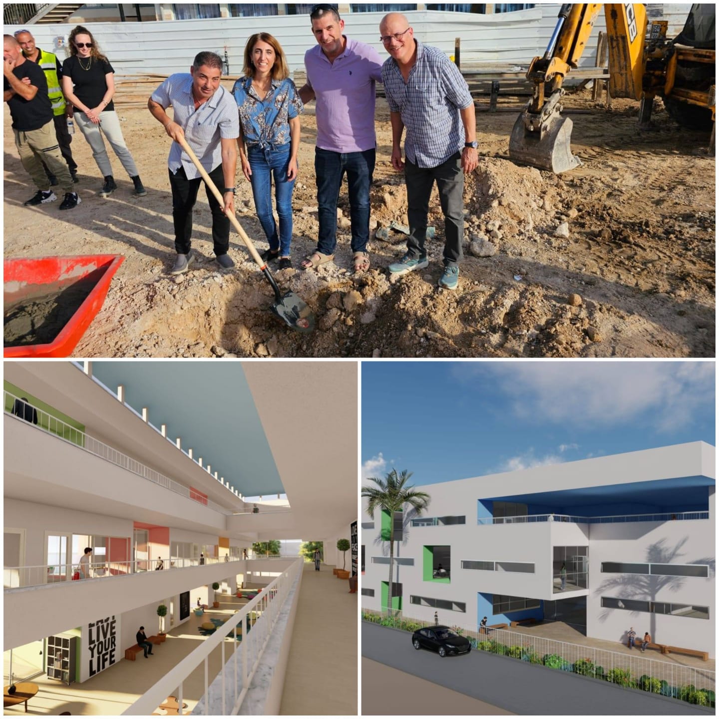 צילום של הנחת אבן הפינה והדמיות של בית הספר המתוכנן