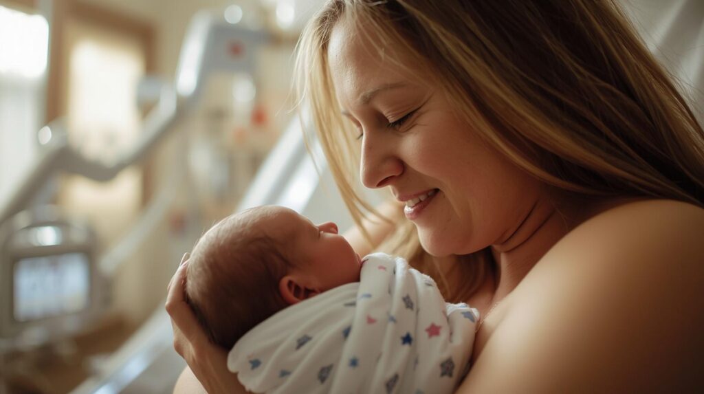 אימא ותינוק בחדר לידה