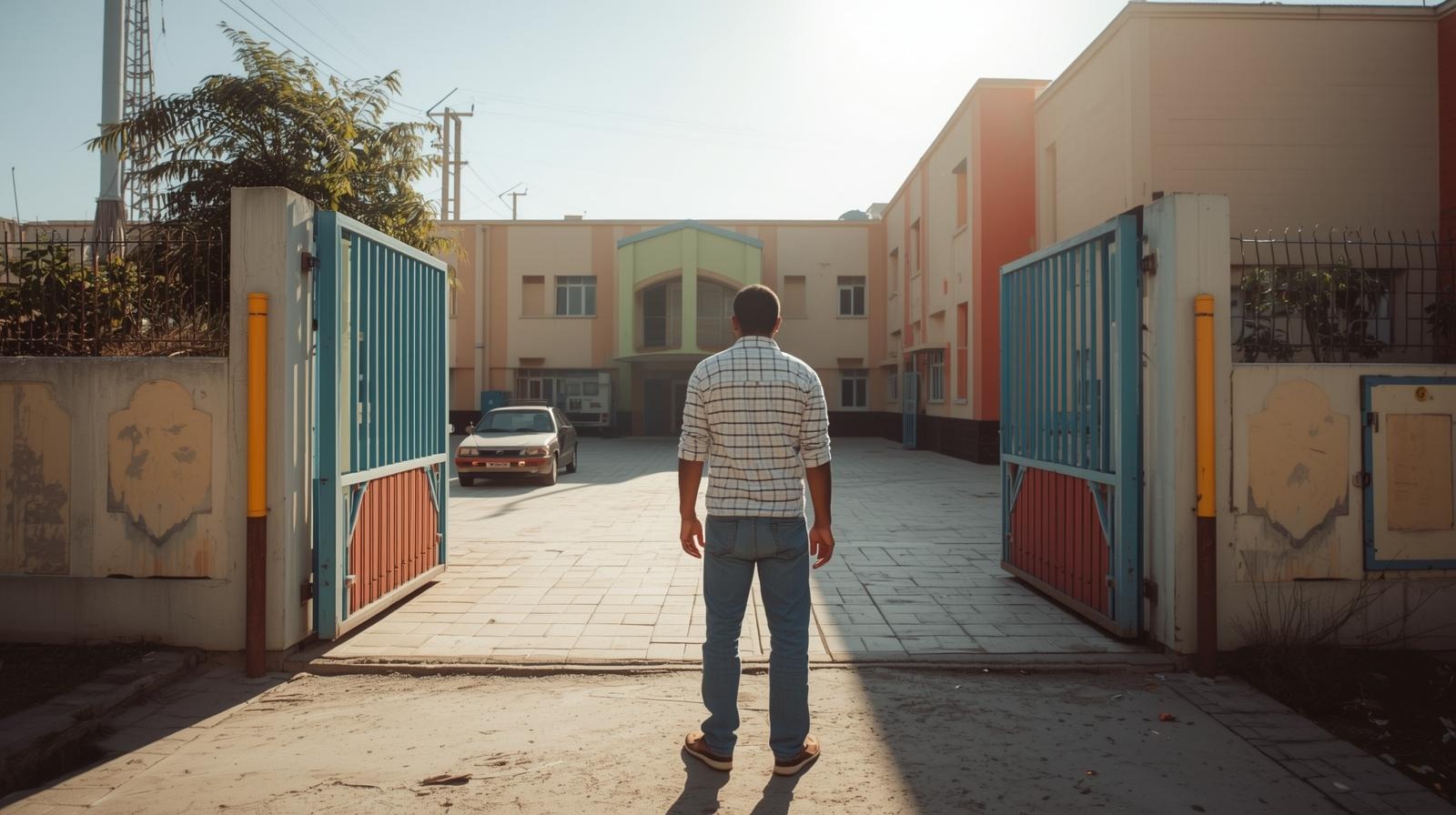 אדם בכניסה למוסד חינוכי, אילוסטרציה